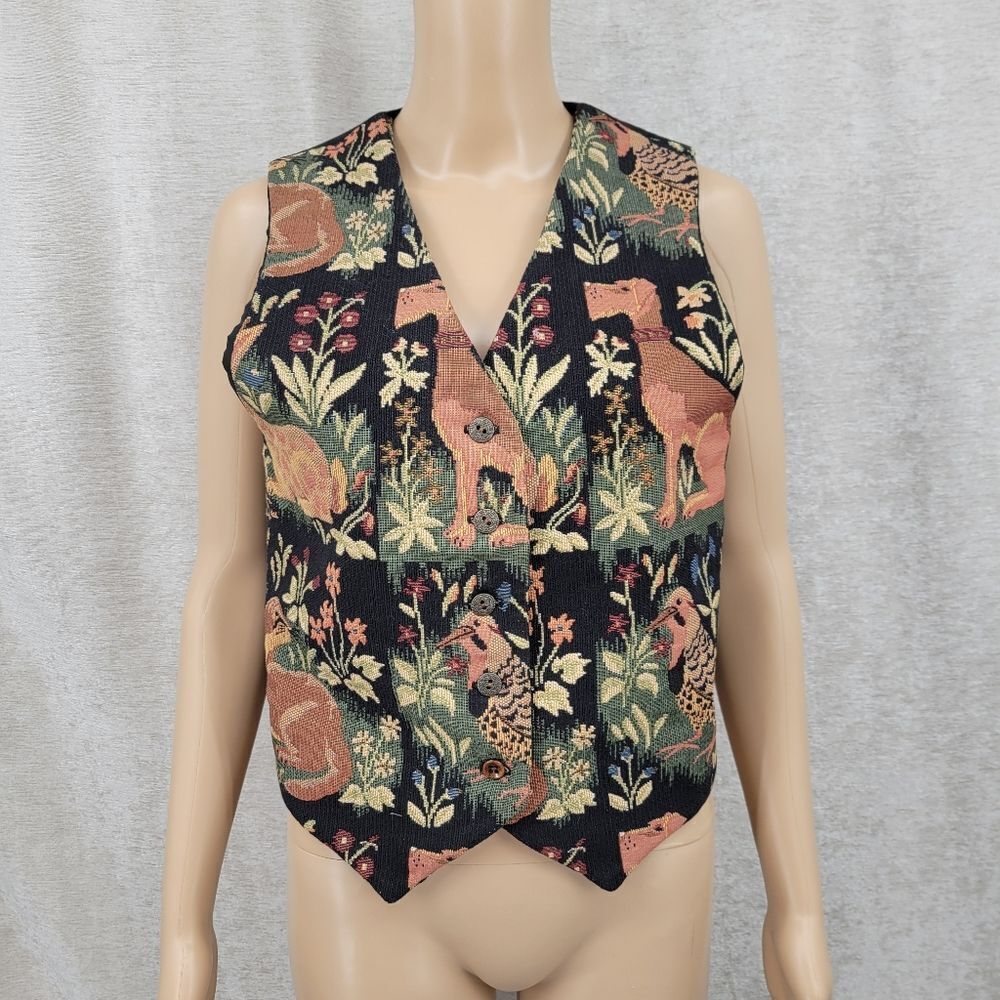 Vintage Floral Tapestry Vest Dogs Otter Pheasant Earthy Tones Dark Academia